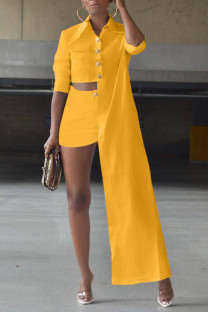 Yellow Sexy Solid Buttons Asymmetrical Turndown Collar Long Sleeve Two Pieces