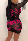 Pink Sexy Print Tassel O Neck Wrapped Skirt Dresses