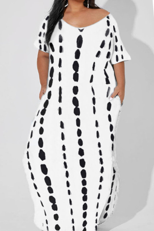 White Casual Print Patchwork O Neck Straight Dresses