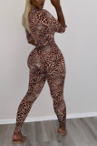 Leopard Print Street Print Leopard Turndown Collar Long Sleeve Two Pieces