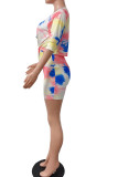 Red Casual Tie Dye Bandage Patchwork O Neck Half Sleeve Two Pieces