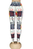 White Casual Print Patchwork Skinny High Waist Pencil Full Print Bottoms