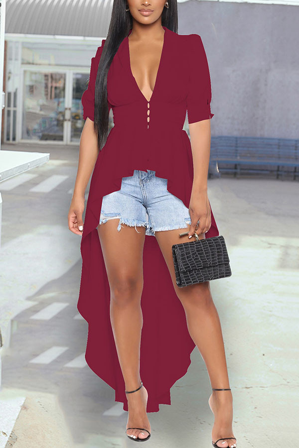 Wine Red V Neck Short Sleeve Patchwork Solid asymmetrical Tops