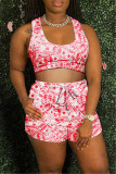 Red Casual Sportswear Print Vests U Neck Sleeveless Two Pieces