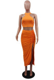 Orange Fashion Sexy Solid Bandage Backless Halter Sleeveless Two Pieces