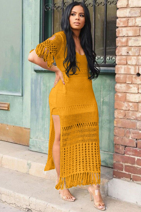 Yellow Knitting adult Sexy Fashion Cap Sleeve Short Sleeves V Neck Step Skirt Ankle-Length Patchwork Solid 