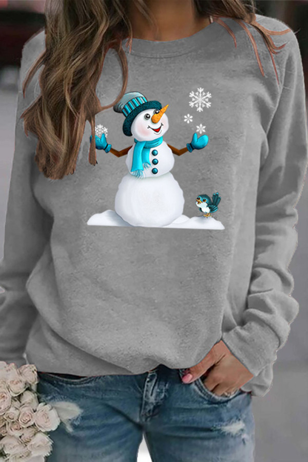 Grey Casual Snowman Printed Draw String O Neck Tops