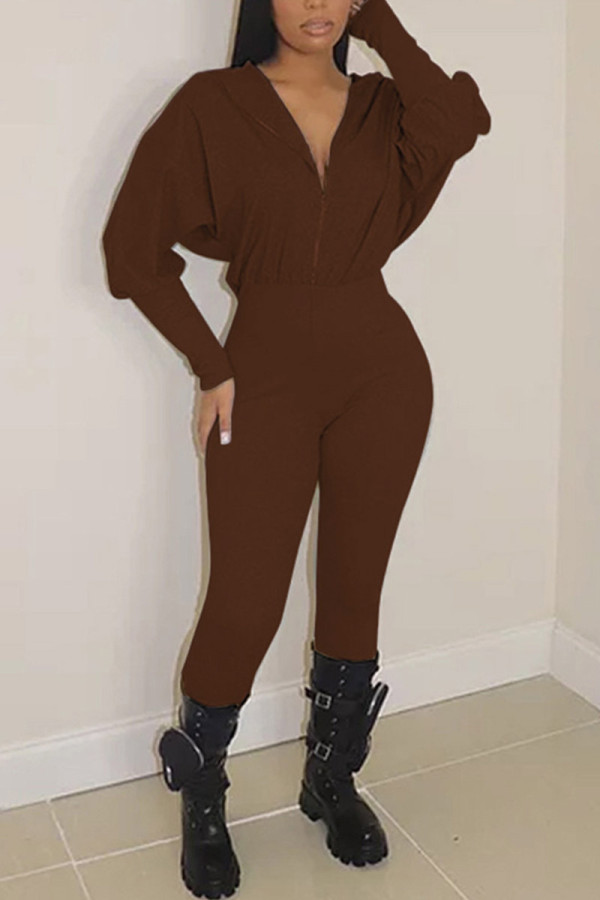 Coffee Fashion Casual Solid Basic Hooded Collar Regular Jumpsuits