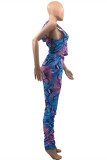 Blue Fashion Casual Butterfly Print Fold Hooded Collar Sleeveless Two Pieces