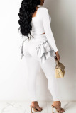 White Casual Solid Patchwork Flounce O Neck Long Sleeve Two Pieces