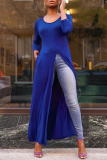 Blue Casual Solid High Opening O Neck Straight Dresses