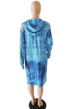 Blue Fashion Street Adult Healthy Fabric Print Tie-dye Hooded Collar Printed Dress Plus Size 