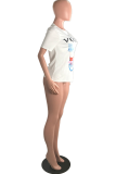 White Casual Print Patchwork O Neck Tops
