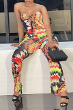 Yellow Sexy Print Hollowed Out Strapless Skinny Jumpsuits