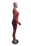 Red Casual Plaid V Neck Skinny Jumpsuits