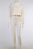 Apricot Casual Solid Patchwork O Neck Long Sleeve Two Pieces