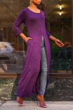 Blue Casual Solid High Opening O Neck Straight Dresses
