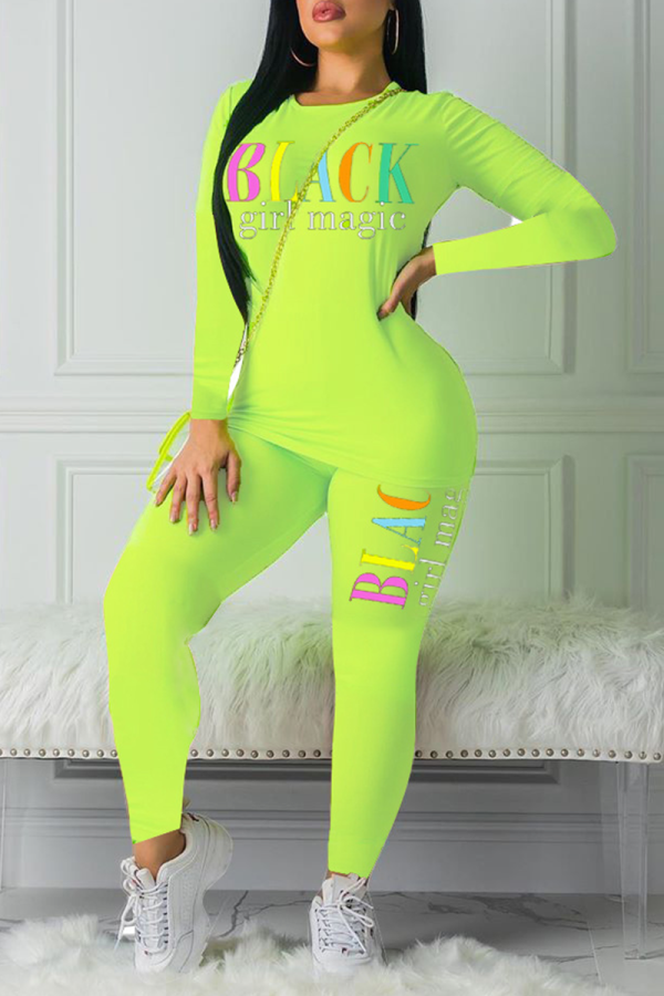 Fluorescent Green Casual Print Letter O Neck Long Sleeve Two Pieces