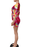 Red Casual Tie Dye Bandage Patchwork O Neck Half Sleeve Two Pieces