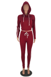 Red Casual Solid Draw String Hooded Collar Long Sleeve Two Pieces