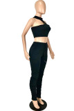 Black Fashion Sexy Solid Hollowed Out Turtleneck Sleeveless Two Pieces