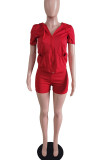 Red Casual Solid Split Joint Cardigan Zipper Hooded Collar Short Sleeve Two Pieces
