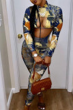 Green Street Print Patchwork Tie-dye O Neck Long Sleeve Two Pieces