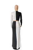 Black And White Fashion Patchwork Slit O Neck Long Sleeve Two Pieces
