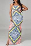 Multicolor Fashion Sexy Print Backless Slit Spaghetti Strap Sleeveless Dress