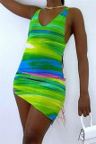 Green Fashion Sexy Print Asymmetrical V Neck Sleeveless Dress