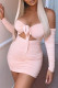 Pink Fashion Sexy Solid Hollowed Out Fold Bateau Neck Long Sleeve Dresses