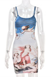 Blue Fashion Sexy Print Backless O Neck Sling Dress