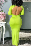 Fluorescent Green Fashion Sexy Solid Backless Turtleneck Long Sleeve Dress