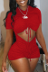 Red Casual Solid Hollowed Out O Neck Skinny Rompers