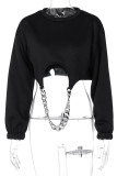 Black Sexy Solid Hollowed Out Chains O Neck Tops