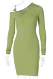 Green Sexy Solid Buckle Oblique Collar The MIDI Dress Dresses