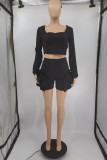 Light Blue Fashion Casual Solid Patchwork Square Collar Long Sleeve Two Pieces