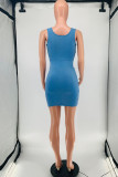 Light Blue Fashion Sexy Solid Buckle Square Collar Sleeveless Denim Dress
