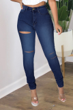 Deep Blue Casual Solid Ripped High Waist Skinny Denim Jeans