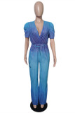 Blue Fashion Casual Gradual Change Print Basic V Neck Regular Jumpsuits
