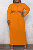 Light Blue Fashion Casual Plus Size Solid Bandage Hollowed Out V Neck Long Sleeve Dresses