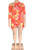 Orange Casual Print Patchwork Asymmetrical O Neck Asymmetrical Dresses