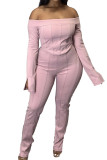 Pink Casual Daily Solid Split Joint Bateau Neck Long Sleeve Regular Sleeve Short Two Pieces