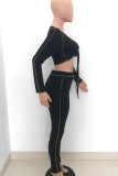 Black Casual Solid Bandage Split Joint V Neck Long Sleeve Two Pieces