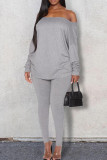 Grey Fashion Sexy Solid Backless Bateau Neck Long Sleeve Two Pieces