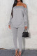 Grey Fashion Sexy Solid Backless Bateau Neck Long Sleeve Two Pieces