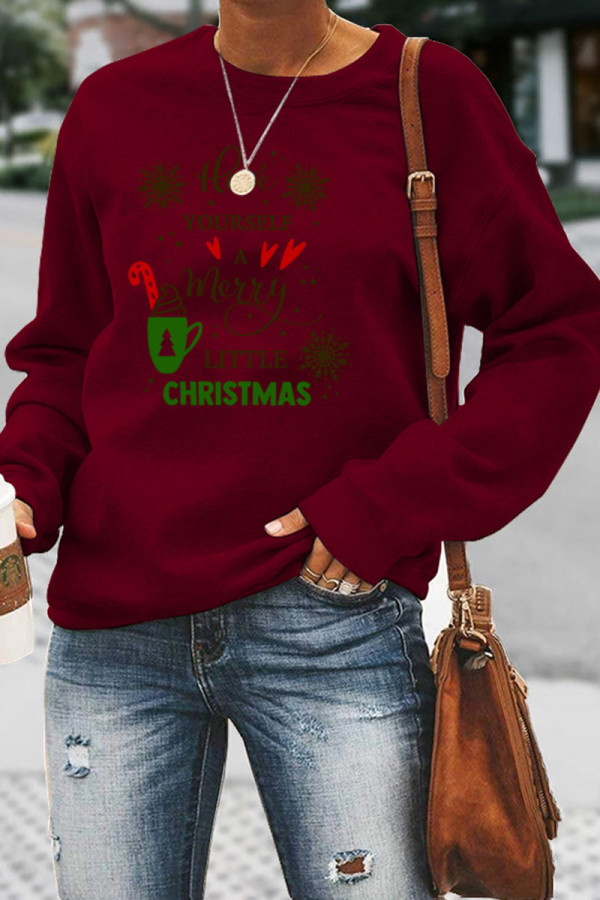 Wine Red Casual Letter Print Patchwork O Neck Tops