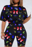 Yellow Casual Butterfly Print Patchwork O Neck Short Sleeve Two Pieces