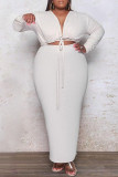 White Fashion Casual Plus Size Solid Bandage Hollowed Out V Neck Long Sleeve Dresses