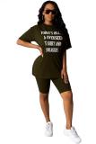 Dark green Fashion adult Casual Two Piece Suits Patchwork Solid Letter Print Straight Short Sleeve